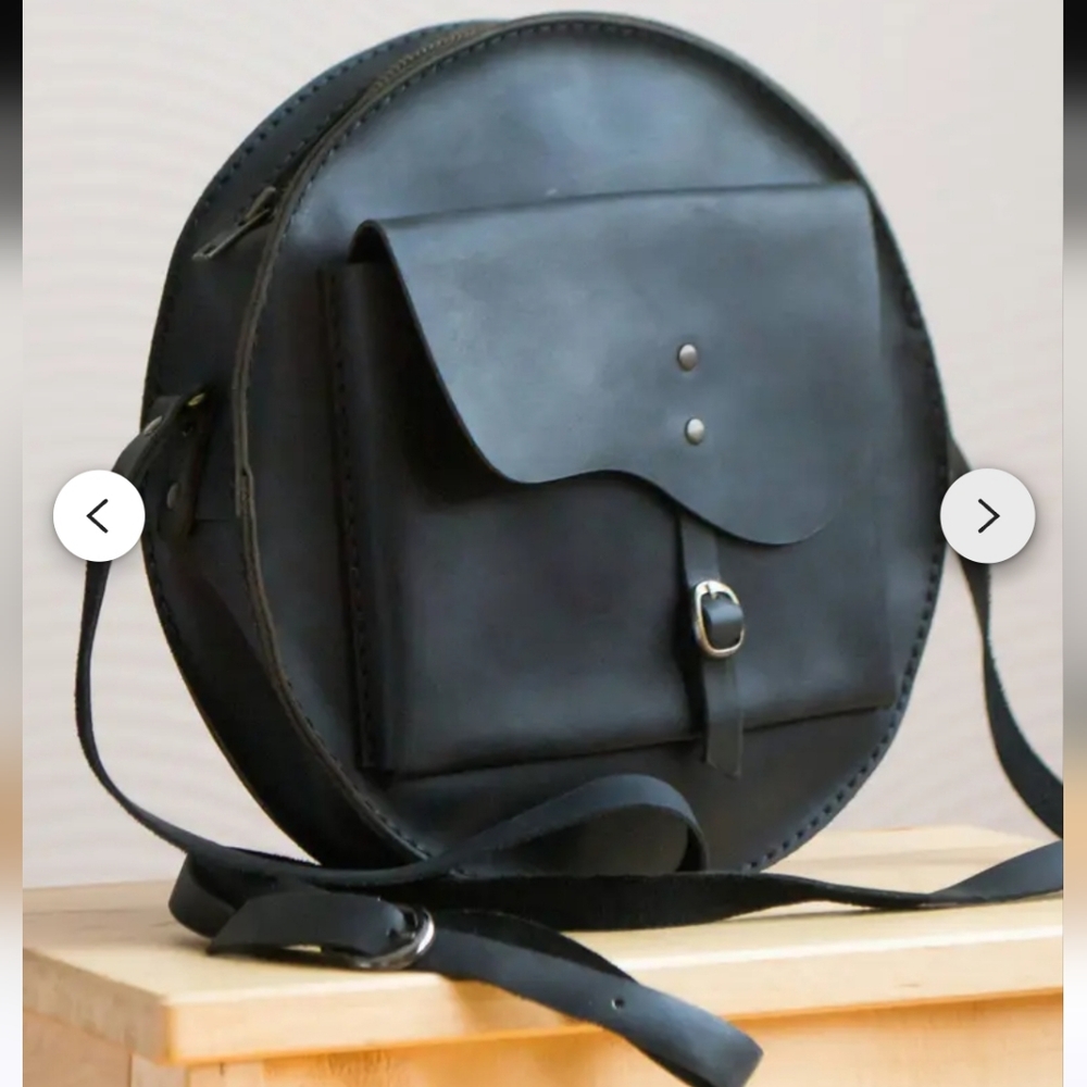 NWOT Handmade Black Round Vintage "CRAZY HORSE" Leather Crossbody Bag